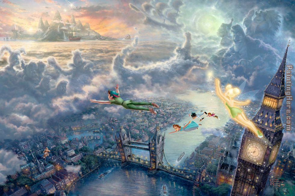 Tinker Bell and Peter Pan Fly to Neverland painting - Thomas Kinkade Tinker Bell and Peter Pan Fly to Neverland art painting